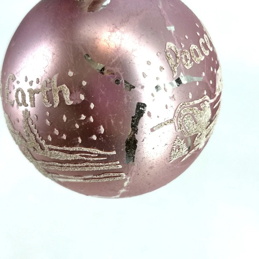 Vintage Shiny Brite Peace On‎ Earth Farm Stencil Lilac Glass Christmas Ornament
